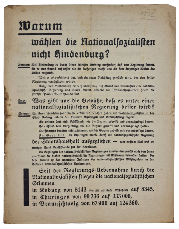 Original WW2 German NSDAP Document - Election Flyer ''Warum wählen die Nationalsozialisten nicht Hindenburg?'' (1932)