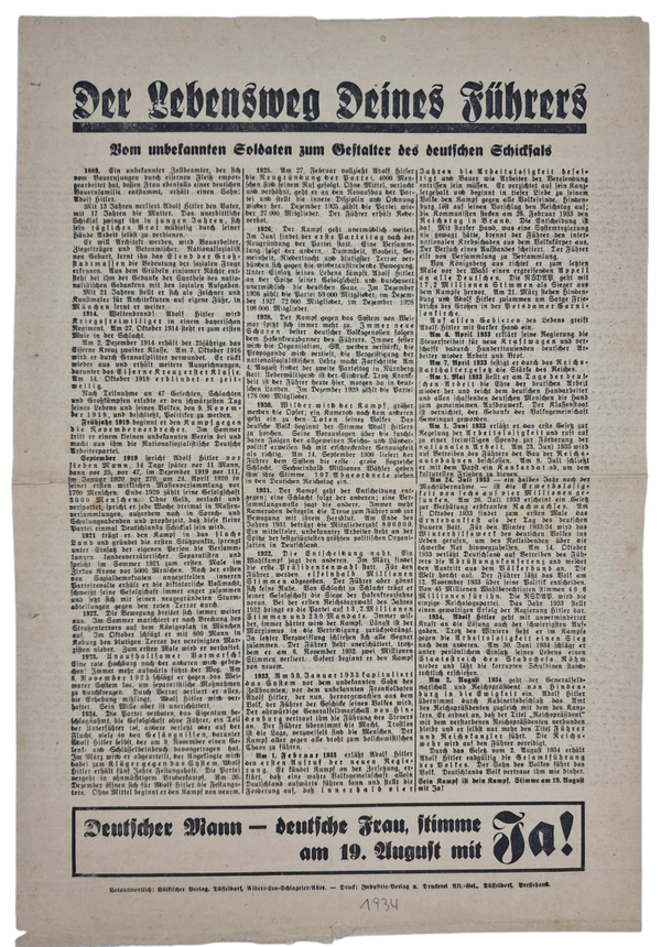 Original WW2 German NSDAP Document - Election Flyer ''Der Lebensweg Deines Führers'' (1934)