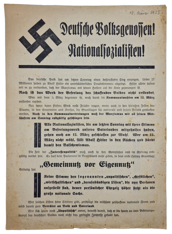 Original WW2 German NSDAP Document - Election Flyer ''Deutsche Volksgenossen! Nationalsozialisten!'' (1933)