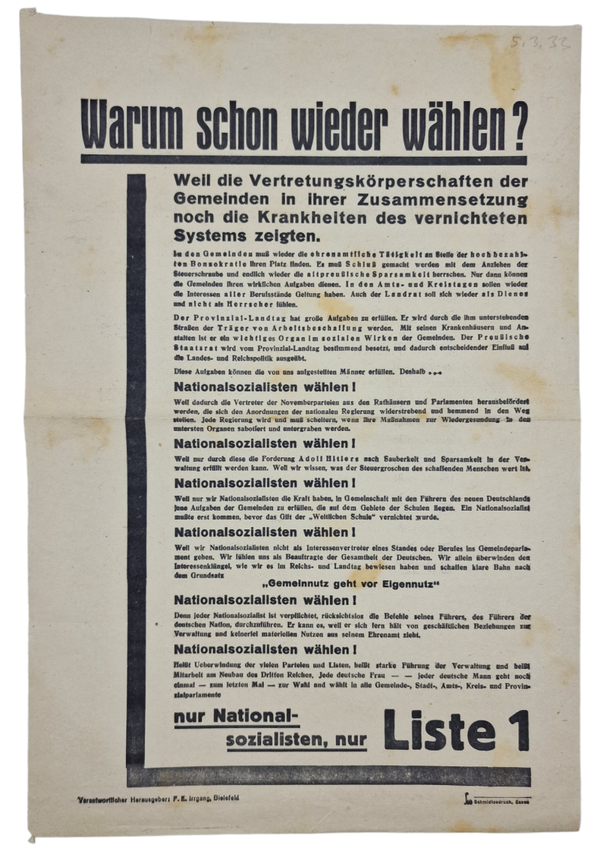 Original WW2 German NSDAP Document - Election Flyer ''Warum schon wieder wählen?'' (1933)