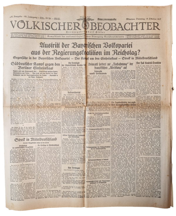 Original WW2 German NSDAP Newspaper - Völkischer Beobachter 18th of October (1927)