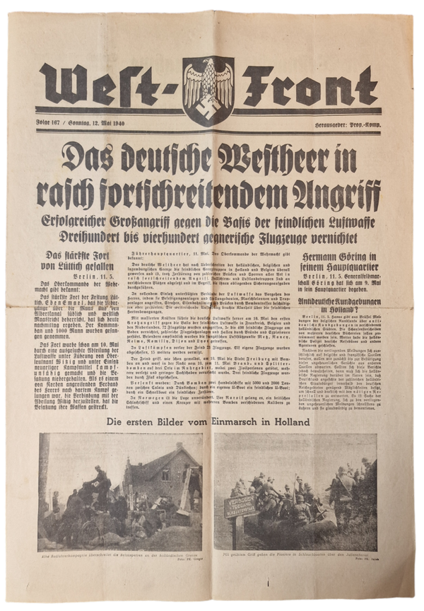 Original WW2 German Newspaper - Westfront No. 167, Invasion of Holland, Belgium, and France, 12th of May (1940)