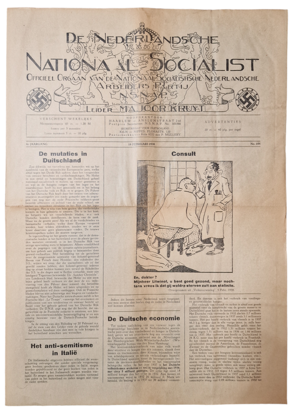 Original WW2 Dutch Collaboration NSNAP Newspaper - De Nederlandsche Nationaal Socialist No. 155 (1938)