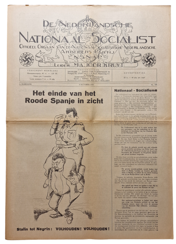 Original WW2 Dutch Collaboration Newspaper - NSNAP De Nederlandsche Nationaal Socialist No. 188 (1938)