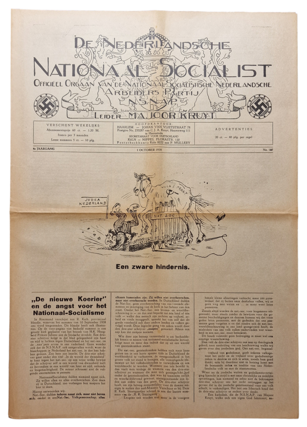 Original WW2 Dutch Collaboration Newspaper - NSNAP De Nederlandsche Nationaal Socialist No. 187 (1938)
