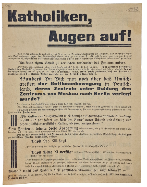 Original WW2 German NSDAP Document - Election flyer ''Katholiken, Augen auf!'' (1932)