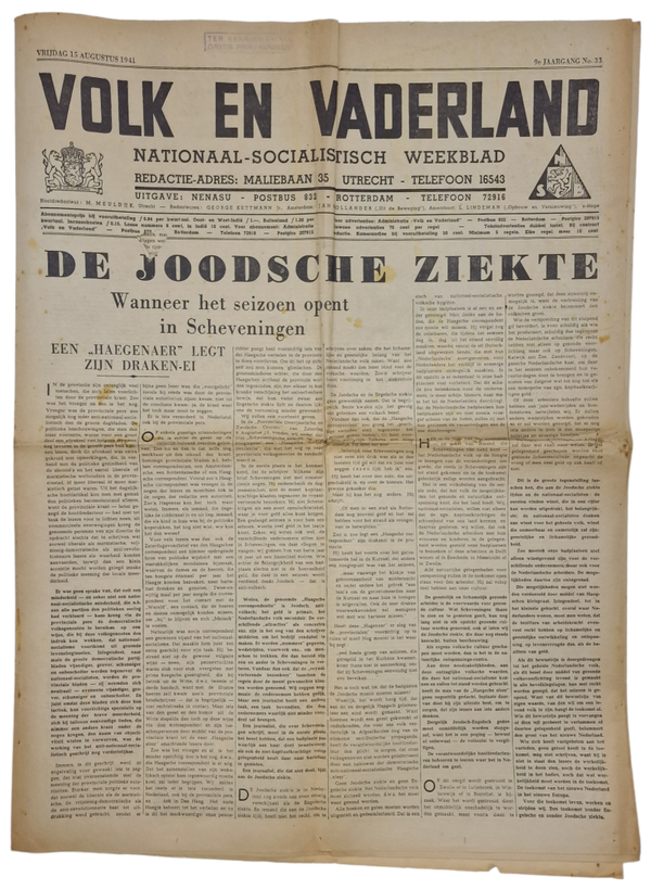 Original WW2 Dutch Collaboration NSB Newspaper - Volk en Vaderland, 9th year No. 33, ''De Joodsche Ziekte'', August (1941)