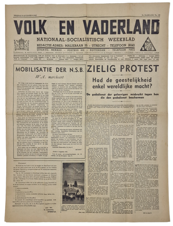 Original WW2 Dutch Collaboration NSB Newspaper - Volk en Vaderland, 9th year No. 32, August (1941)