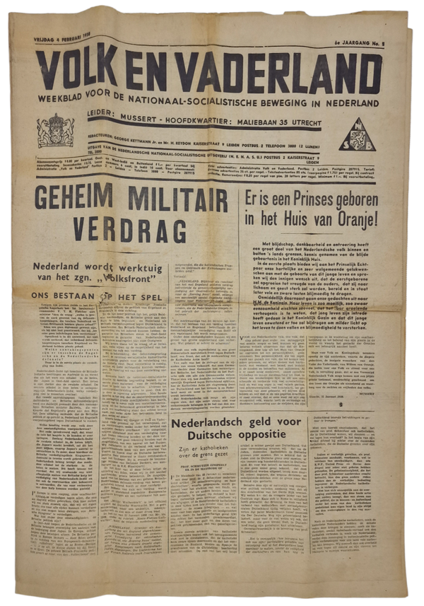 Original WW2 Dutch Collaboration NSB Newspaper - Volk en Vaderland, 6th year No. 5, January (1938)