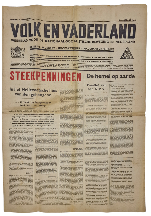 Original WW2 Dutch Collaboration NSB Newspaper - Volk en Vaderland, 6th year No. 4, January (1938)