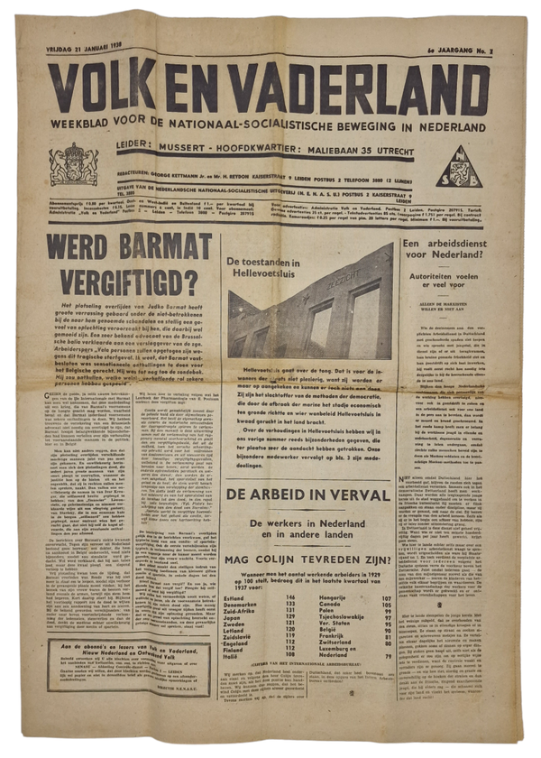 Original WW2 Dutch Collaboration NSB Newspaper - Volk en Vaderland, 6th year No. 3, January (1938)