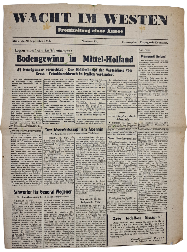 Original WW2 German Newspaper - Wacht im Westen, Frontzeitung Nr. 13, 30th of September (1944)
