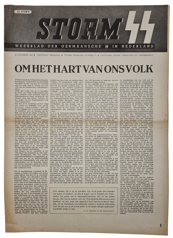 Original WW2 Dutch Waffen SS Newspaper - Storm SS 2nd Year No. 37 (1942)