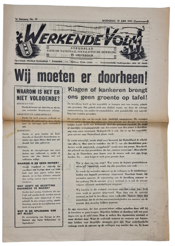 Original WW2 Dutch Collaboration NSB Newspaper - 't Werkende Volk, 1st Year No. 19 (1942)