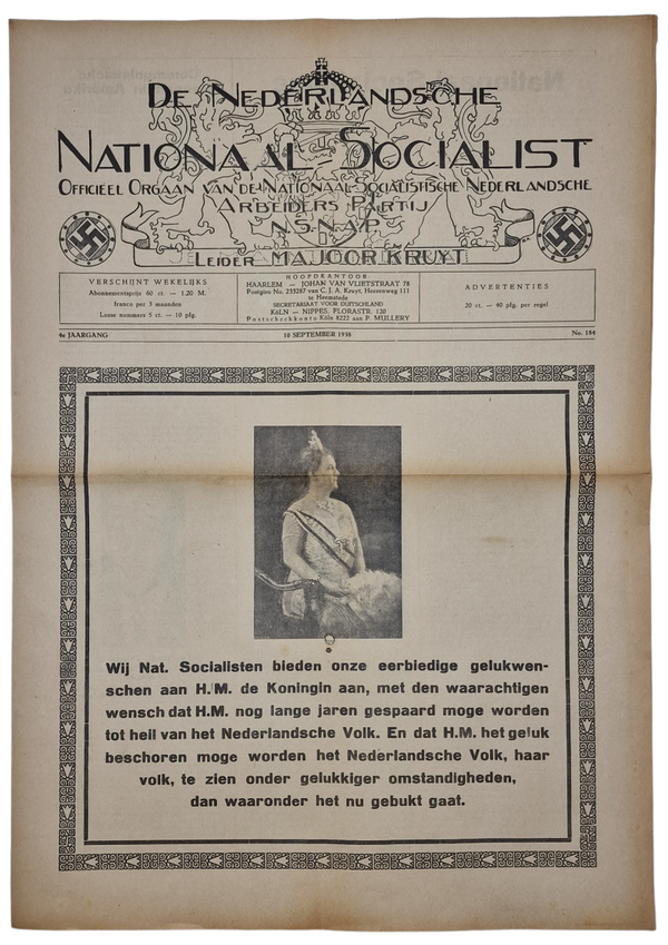 Original WW2 Dutch Collaboration NSNAP Newspaper - De Nederlandsche Nationaal Socialist No. 184 (1938)