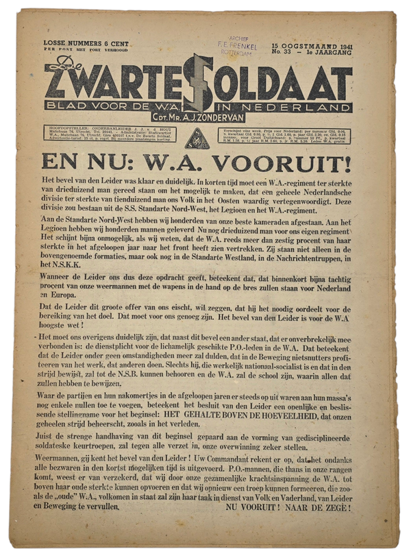 Original WW2 Dutch Collaboration NSB Newspaper - Zwarte Soldaat 1st Year No. 33 (1941)