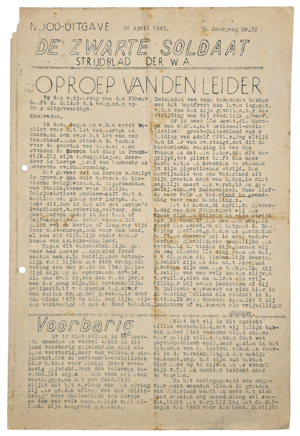Original WW2 Dutch Collaboration NSB Newspaper - Zwarte Soldaat 5th Year No. 32 Nood-Uitgave, 26th of April (1945)