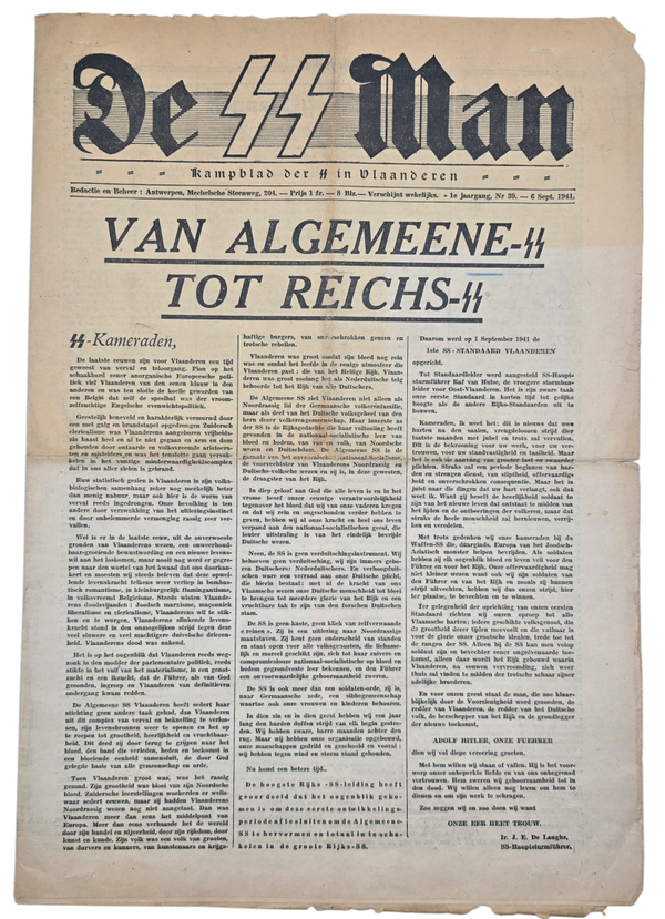Original WW2 Flemish Collaboration Waffen SS Newspaper - De SS Man, Allgemeine SS in Vlaanderen 1st Year No 39 (1941)