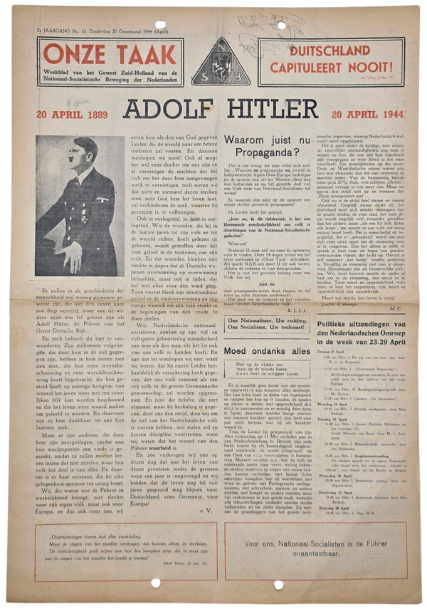 Original WW2 Dutch Collaboration NSB Newspaper - Onze Taak, Zuid Holland, 7th Year No. 16, Hitler's Birthday (1944)