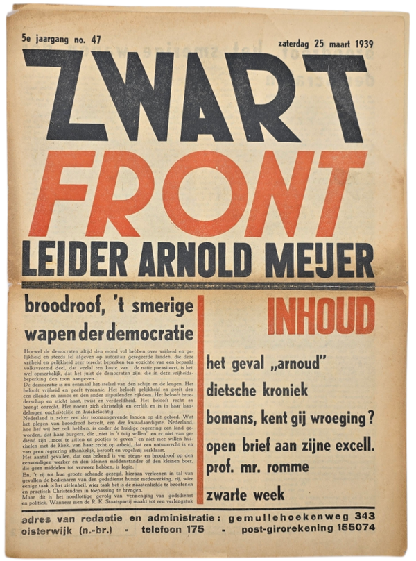 Original WW2 Dutch Collaboration Newspaper - Zwart Front, Arnold Meijer, 5th Year No. 47 (1939)