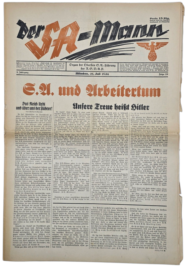 Original WW2 German SA Newspaper - Der SA-Mann 3rd year no 29 (1934)