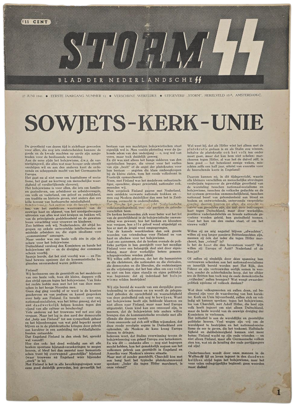 Original WW2 Dutch Waffen SS Newspaper - Storm SS 1st Year No. 12 (1941)