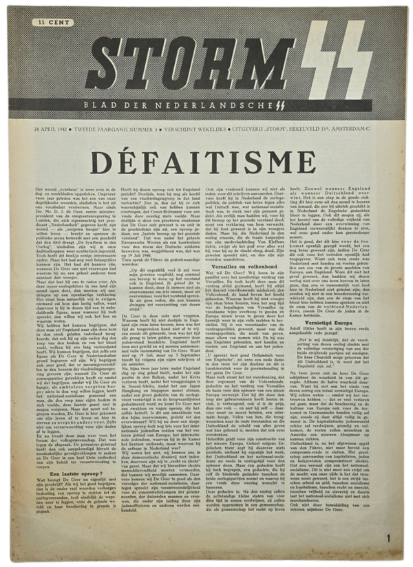 Original WW2 Dutch Waffen SS Newspaper - Storm SS 2nd  Year No. 3 (1942)