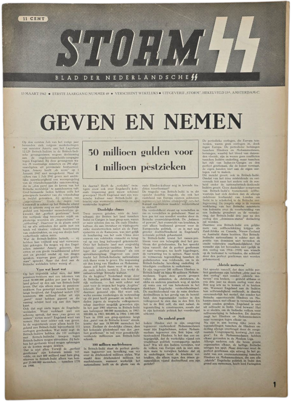 Original WW2 Dutch Waffen SS Newspaper - Storm SS 1st Year No. 49 (1942)