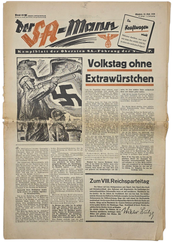 Original WW2 German SA Newspaper - Der SA-Mann 5th year no 37 incomplete (1936)