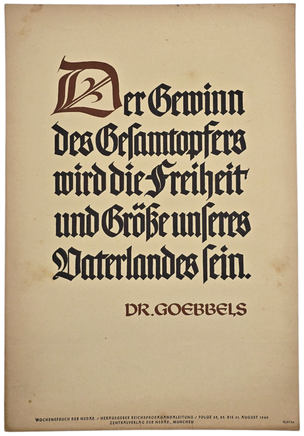 Original WW2 German Poster - NSDAP Wochenspruch folge 35, Dr. Joseph Goebbels (1940)