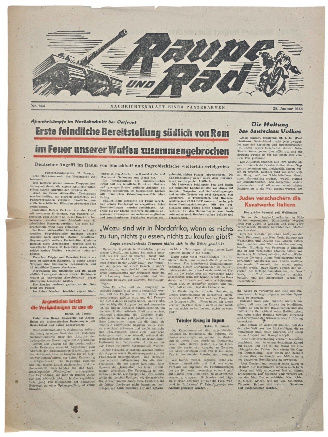 Original WW2 German Front Newspaper - Raupe und Rad, Nachrichtenblatt einer Panzerarmee, Nr. 244 (1944)
