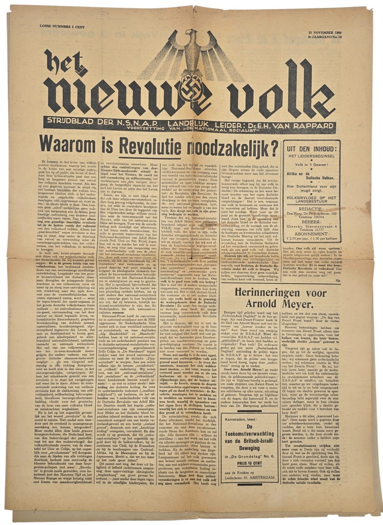 Original WW2 Dutch Collaboration NSNAP Newspaper - Het Nieuwe Volk, E. H. van Rappard, 9th year No. 19 (1940)