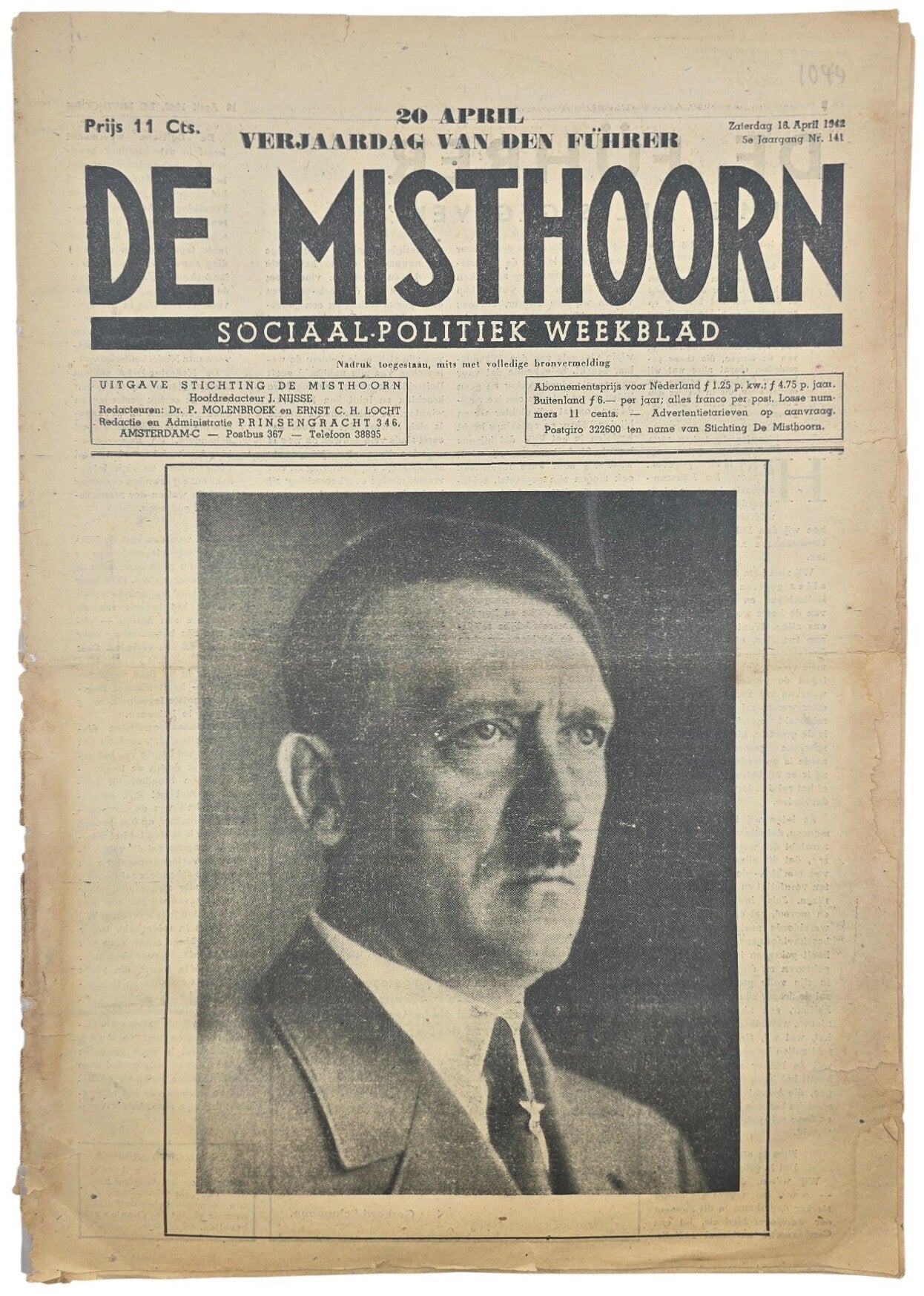 Original WW2 Dutch Antisemitic Newspaper - De Misthoorn, 5th year No. 141, Hitler birthday edition (1942)