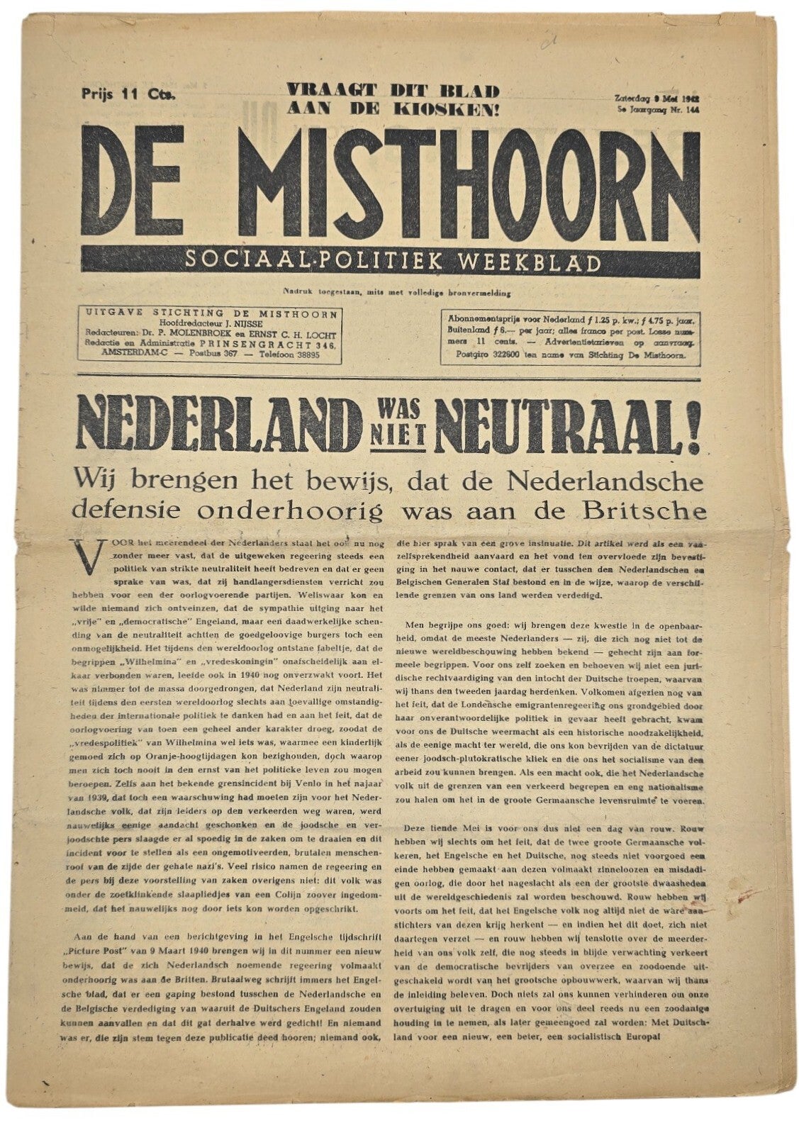 Original WW2 Dutch Collaboration Antisemitic Newspaper - De Misthoorn, 5th year No. 144 (1942)