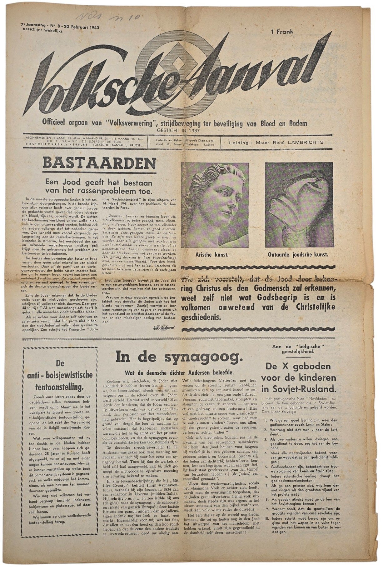 Original WW2 Flemish Collaboration Antisemitic Newspaper - Volksche Aanval 7th year No. 8, Volksverwering (1943)