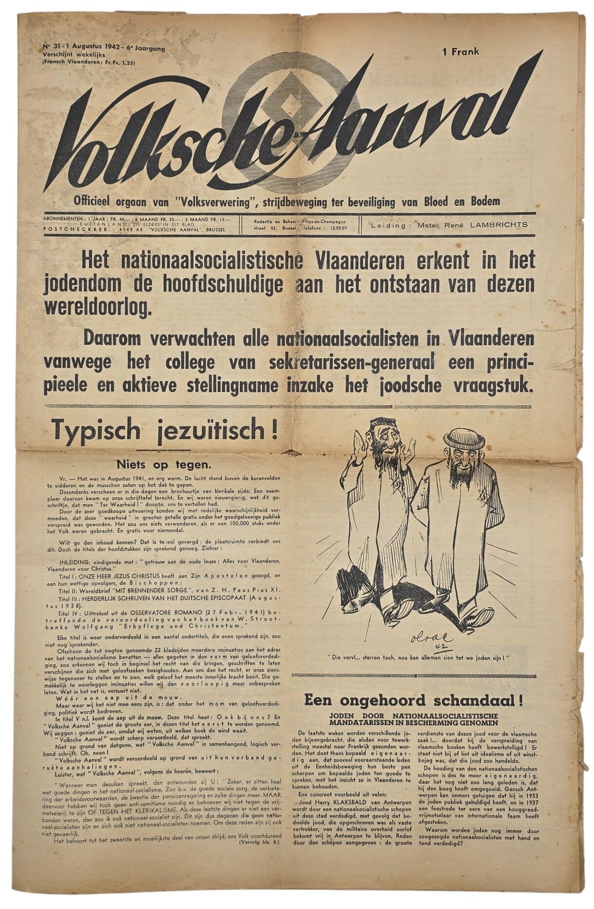 Original WW2 Flemish Collaboration Antisemitic Newspaper - Volksche Aanval 6th year No. 31, Volksverwering (1942)