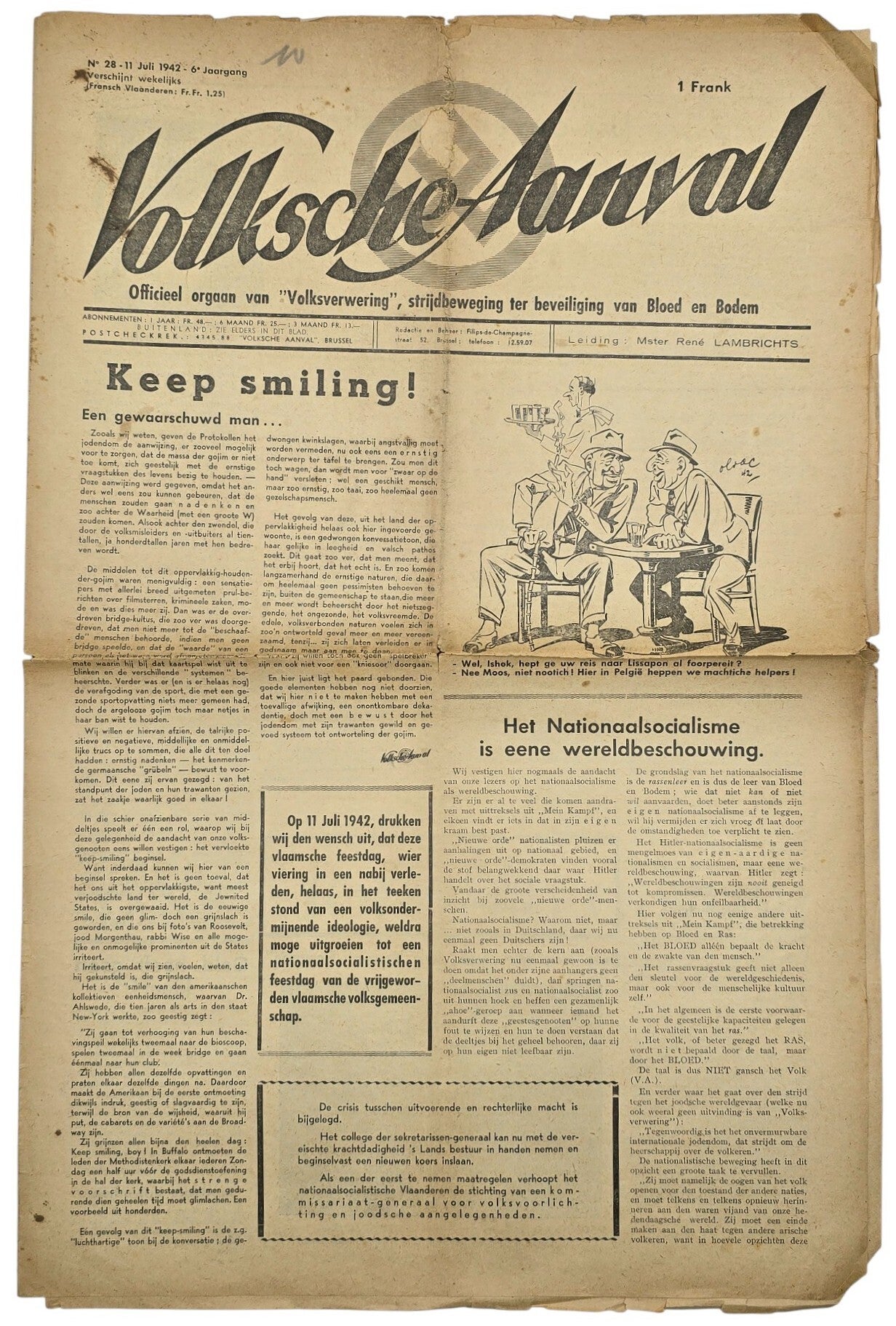 Original WW2 Flemish Collaboration Antisemitic Newspaper - Volksche Aanval 6th year No. 28, Volksverwering (1942)