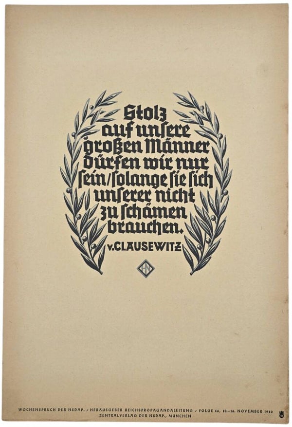 Original WW2 German Poster - NSDAP Wochenspruch Folge 46, von Clausewitz (1940)