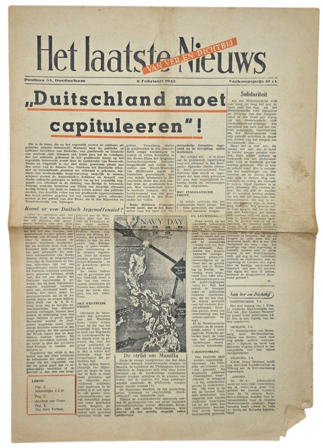 Original WW2 Dutch Collaboration Newspaper - Het Laatste Nieuws, 8h of February (1945)