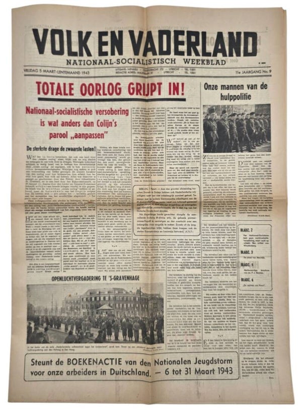 Original WW2 Dutch Collaboration Newspaper - Volk en Vaderland, 11th year no. 9 (1943)