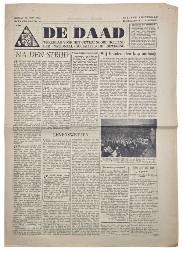Original WW2 Dutch Collaboration NSB Newspaper - De Daad Amsterdam 11th year No. 26 (1944)