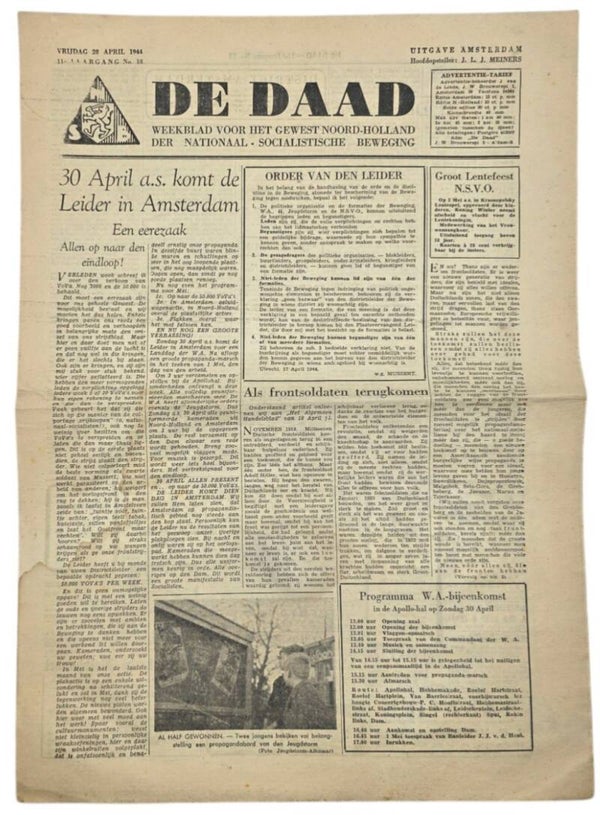 Original WW2 Dutch Collaboration NSB Newspaper - De Daad Amsterdam 11th year No. 18 (1944)