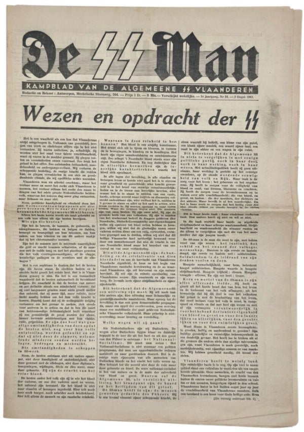 Original WW2 Flemish Collaboration Waffen SS Newspaper - De SS Man, Allgemeine SS in Vlaanderen 1st Year No 34 (1941)