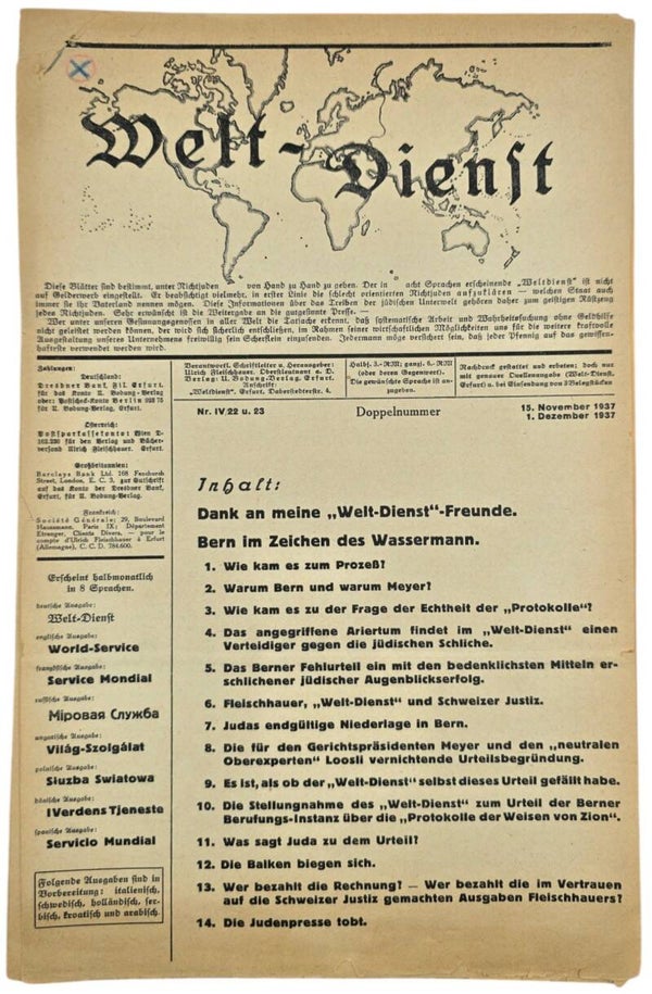 Original WW2 German Anti-semitic Newspaper - Welt Dienst, Ulrich Fleischhauer (1937)