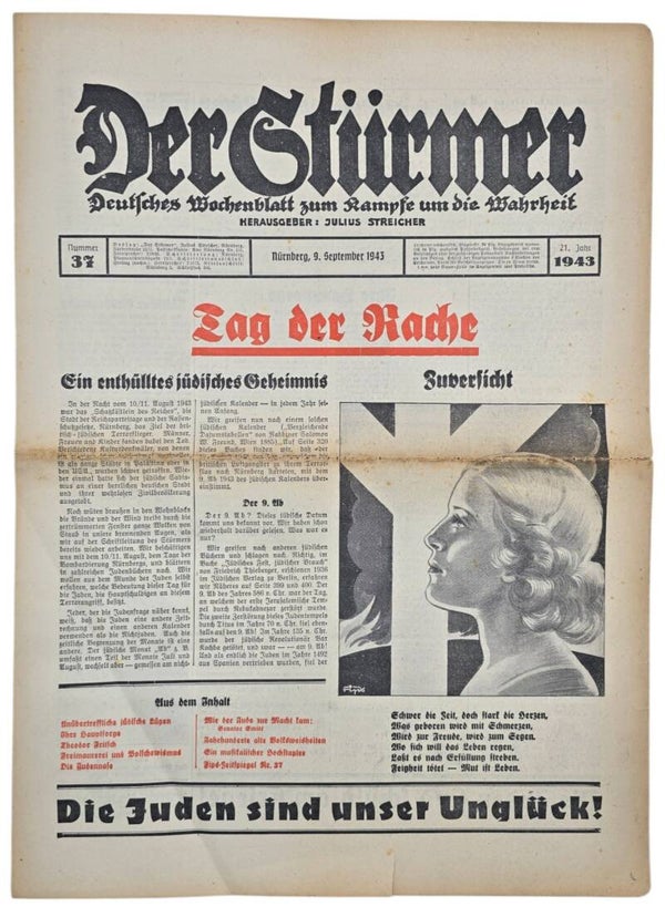 Original German Antisemitic Newspaper - Der Stürmer, Julius Streicher, 21st year No. 37 (1943)