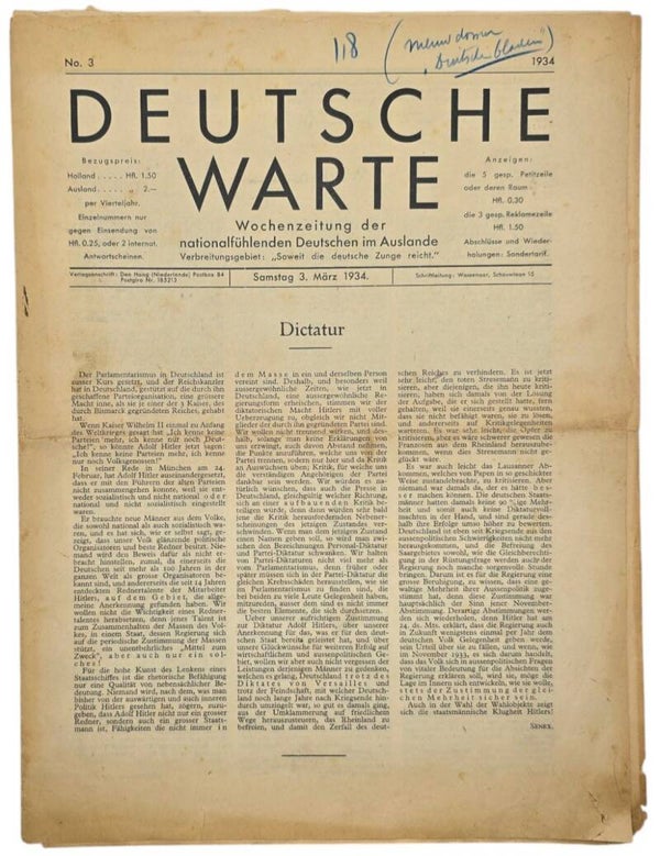 Original WW2 Dutch German Newspaper - Deutsche Warte, Wochenzeitung der nationalfühlenden Deutschen im Auslande, Wassenaar (1934)