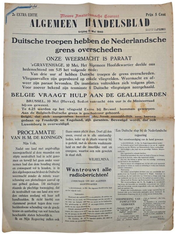 Original WW2 Dutch Newspaper - Algemeen Handelsblad, Duitsche tropeen hebben de Nederlandsche grens overschreden, 10th of May (1940)