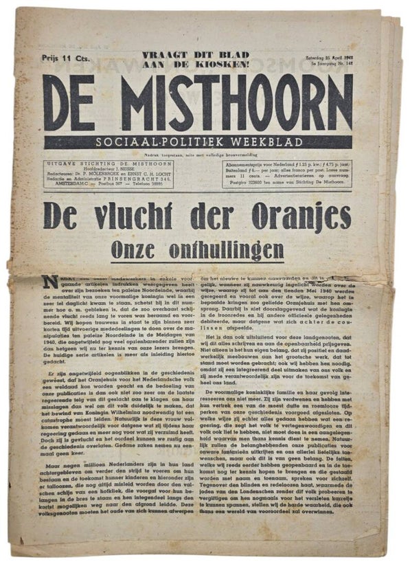 Original WW2 Dutch Antisemitic Newspaper - De Misthoorn, 5th year No. 142 (1942)