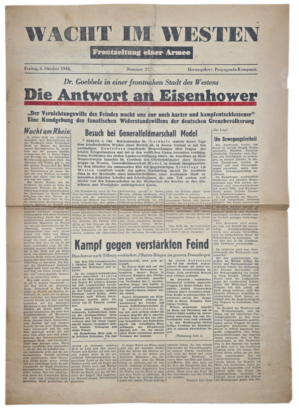 Original WW2 German Newspaper - Wacht im Westen, Frontzeitung Nr. 27, 6 October (1944)