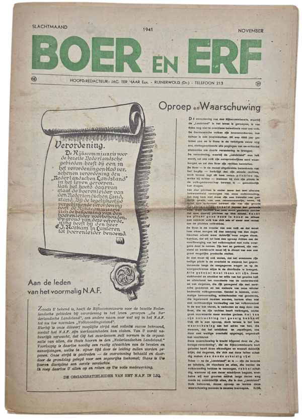 Original WW2 Dutch Collaboration NSB Newspaper - Boer en Erf, Ruinerwold, Landstand (1941)